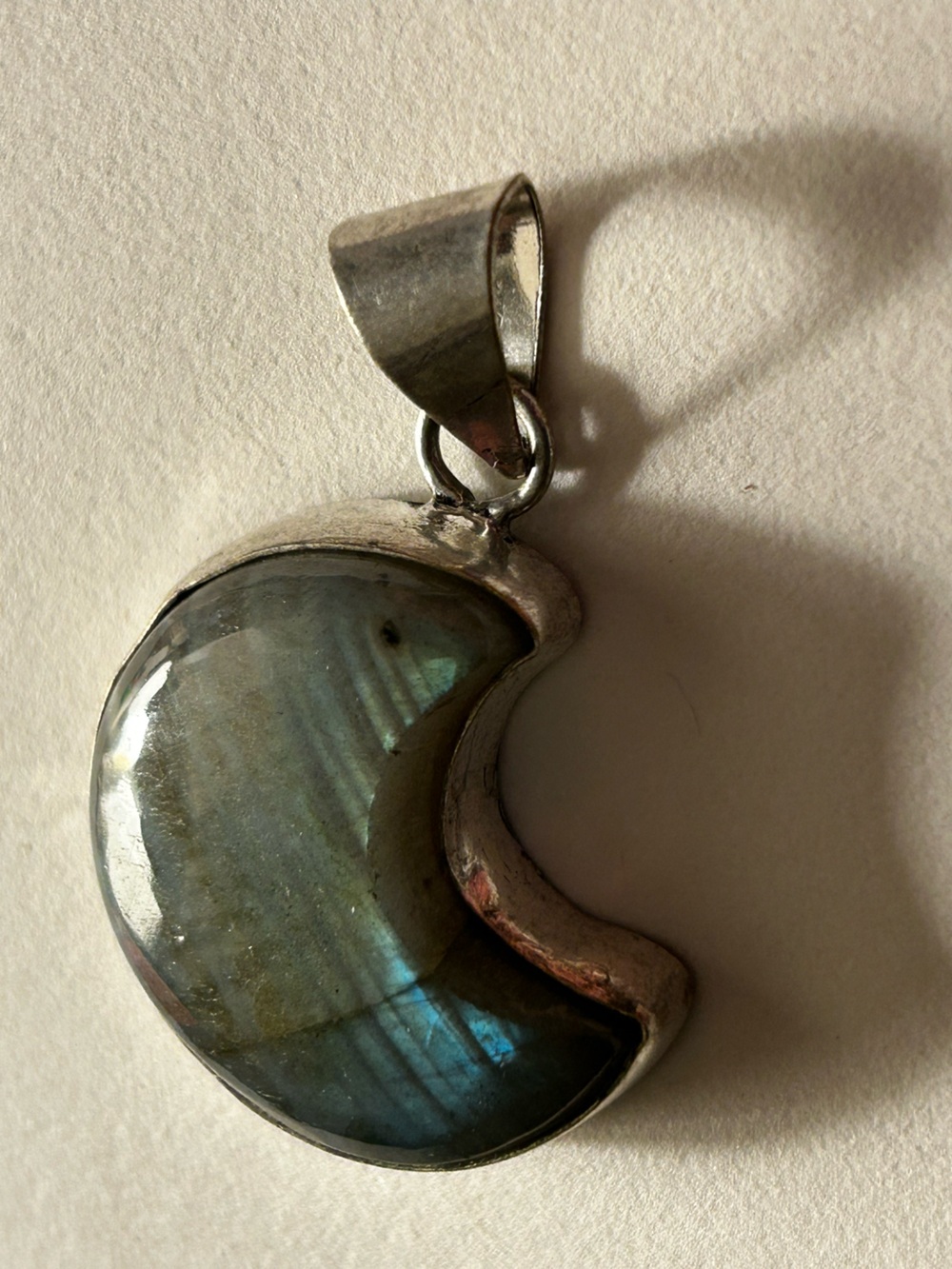 NWOT Necklace Labradorite crescent Moon, .925 Sterling sp bezel/18” SS SP chain